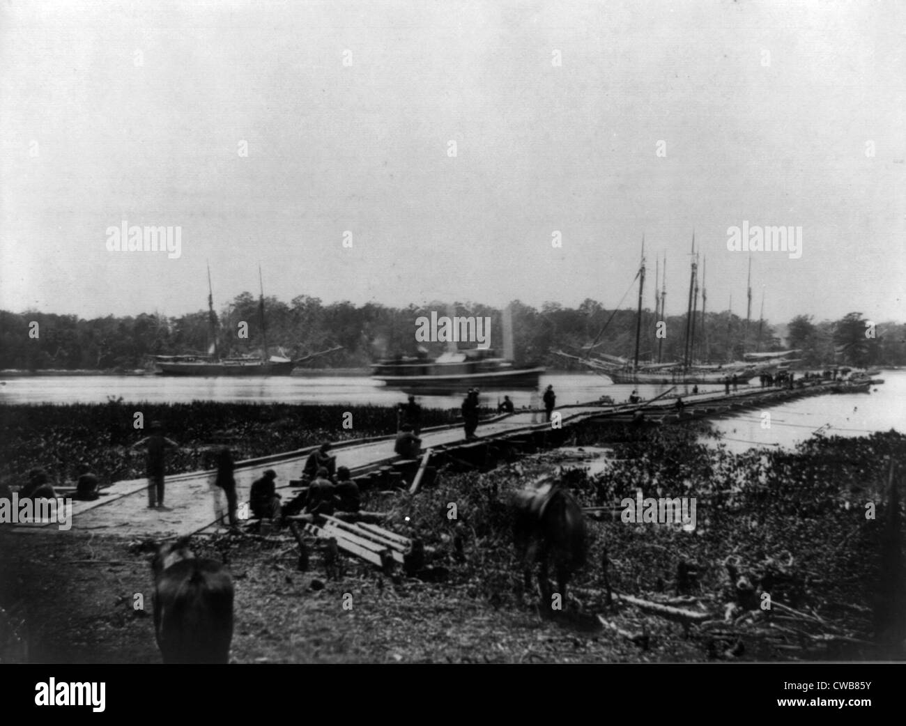 La guerra civile. Pontoon ponte attraverso il fiume James, Virginia. 1864 Foto Stock