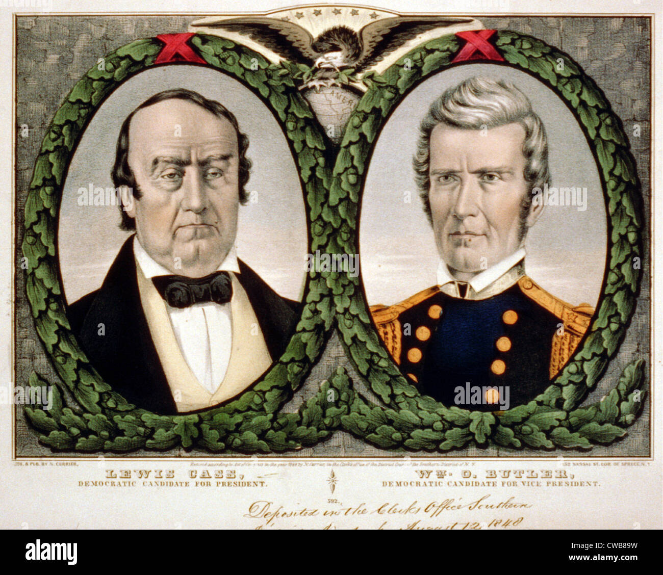 Lewis Cass. Colore banner della campagna per i candidati democratici Cass Lewis e William O. Butler. Litografia a colori ca. 1848 Foto Stock