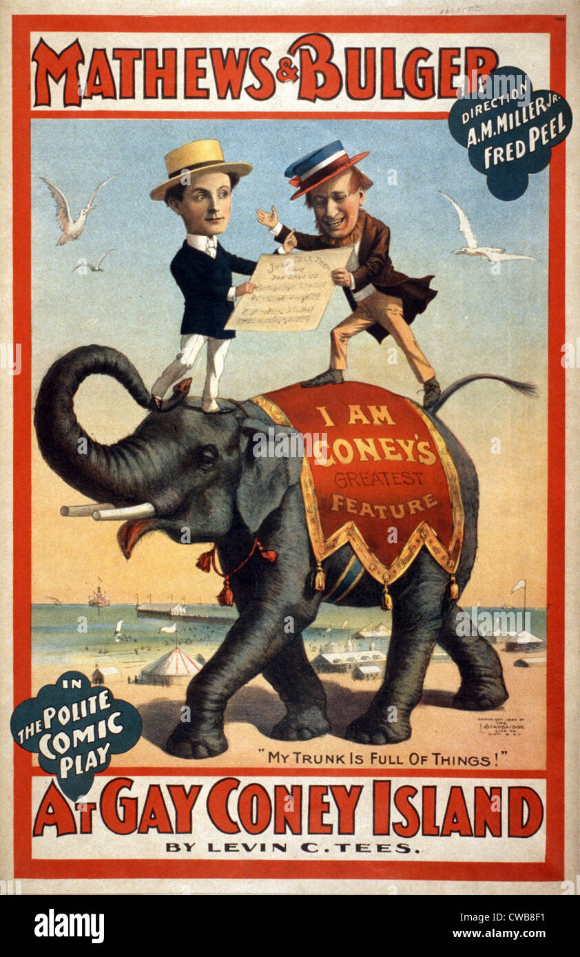 Mathews & Bulger nel gentile commedia comica, 'presso gay Coney Island' elefanti a cavallo sulla spiaggia a Coney Island, New York City, Foto Stock