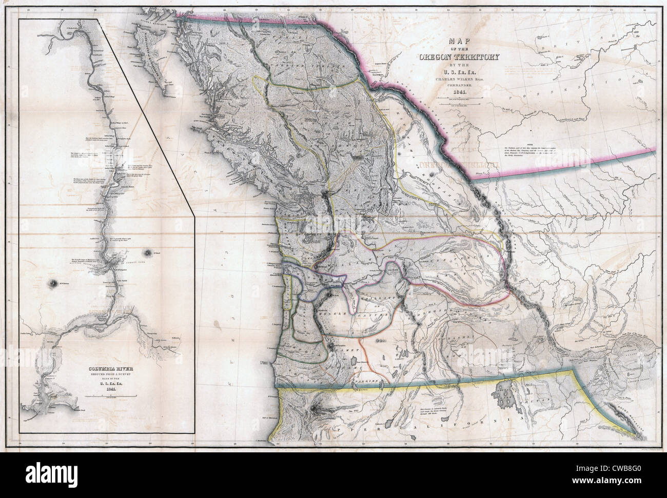Mappa del territorio di Oregon. da Charles documento Wilkes, 1841. Foto Stock