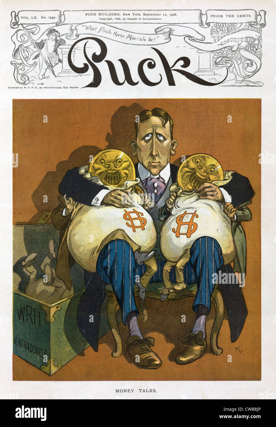 William Randolph Hearst, caricatura con due sacchi di denaro come ventriliquist's manichini. 1906 Foto Stock