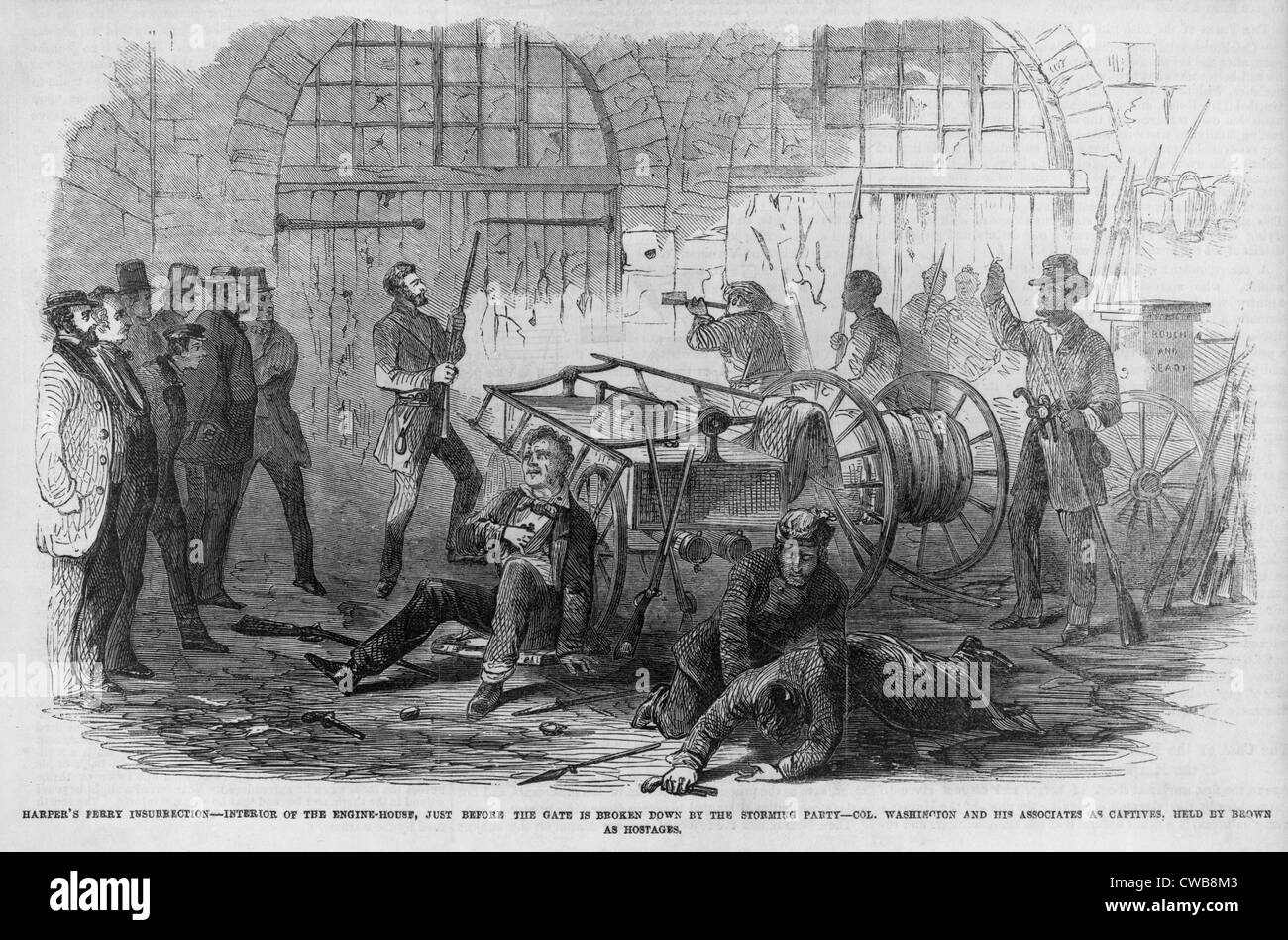 La guerra civile. John Brown's raid su harpers Ferry. Brown e compagni di predatori intrappolato nella casa del motore, ora noto come John Foto Stock