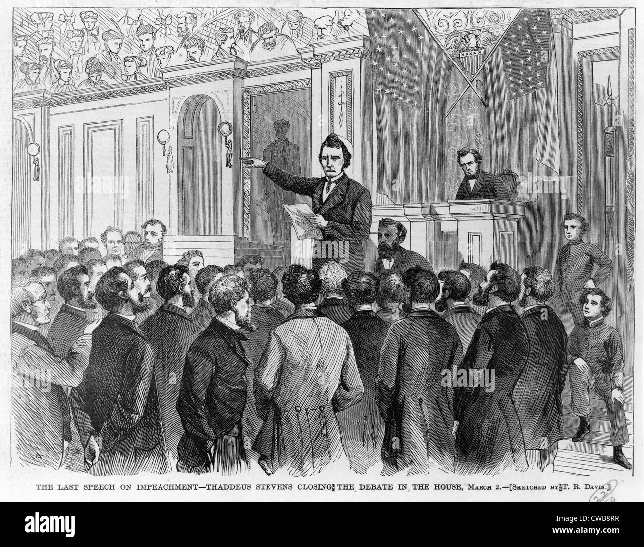 L'ultimo discorso di impeachment del Presidente Andrew Johnson. Thaddeus Stevens chiudendo il dibattito in Aula, 2 marzo 1868 Foto Stock