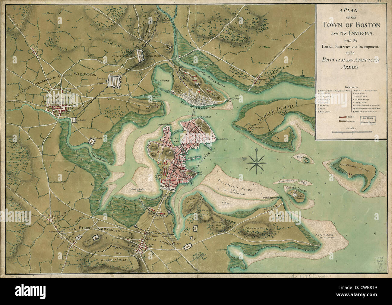 La Rivoluzione Americana. Una pianta della città di Boston e i suoi dintorni, con le linee, batterie e incampments del Foto Stock