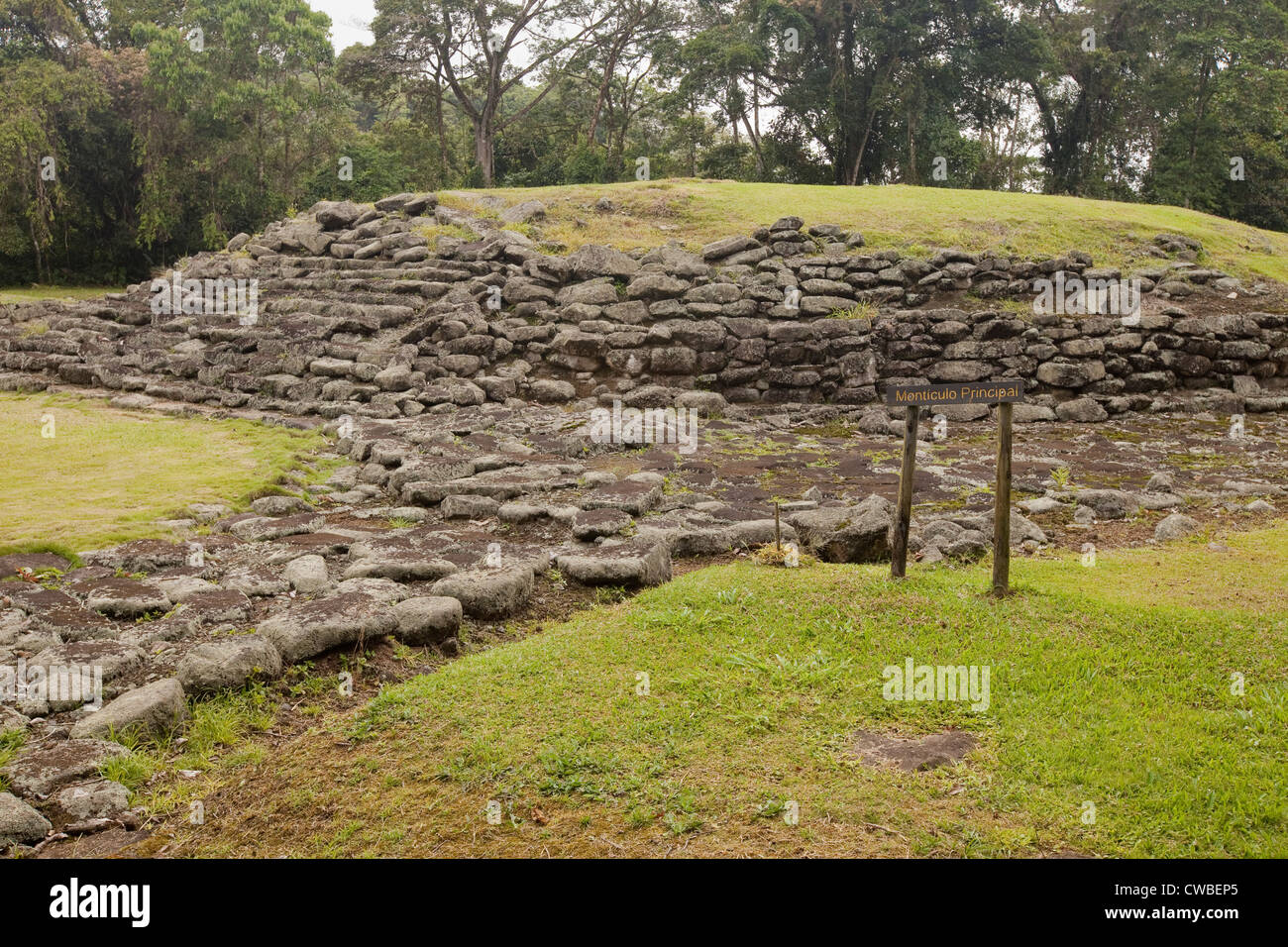 Tumulo principale al Monumento Nacional Guayabo Arqueologico (Monumento Nazionale Guayabo). Foto Stock