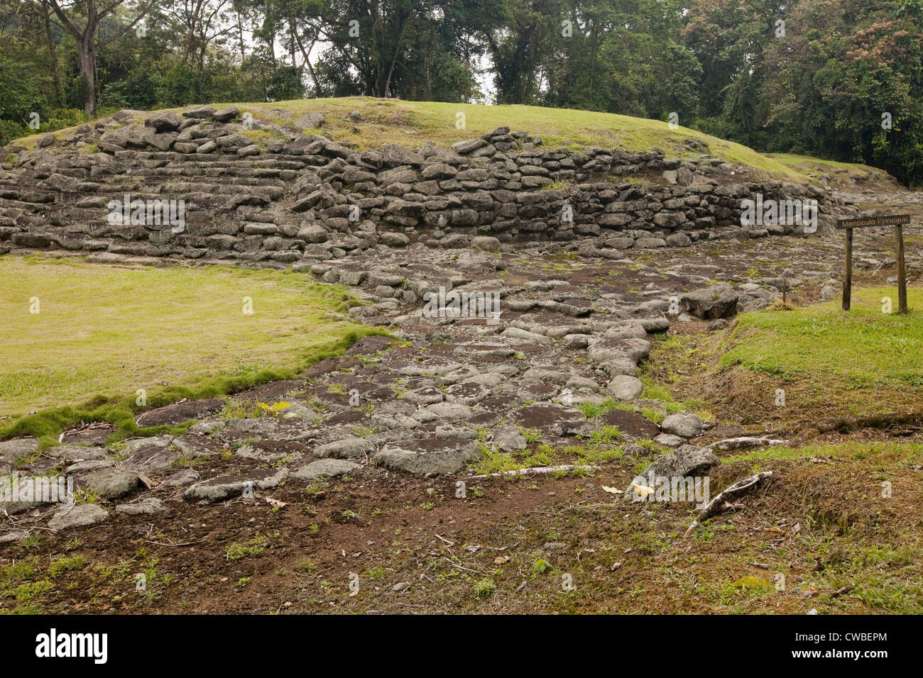 Tumulo principale al Monumento Nacional Guayabo Arqueologico (Monumento Nazionale Guayabo), Costa Rica. Foto Stock