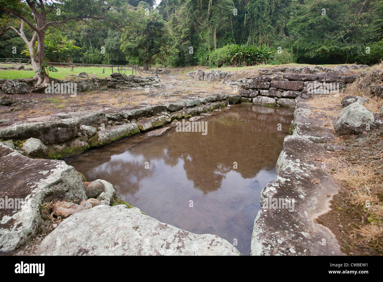 Una sezione del sistema di acquedotti dissotterrato al Monumento Nacional Guayabo Arqueologico (Monumento Nazionale Guayabo), Costa Rica. Foto Stock
