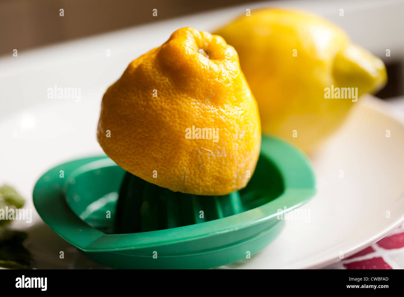 Close-up di limone fresco, rendendo il succo di limone con strizzatore Foto Stock