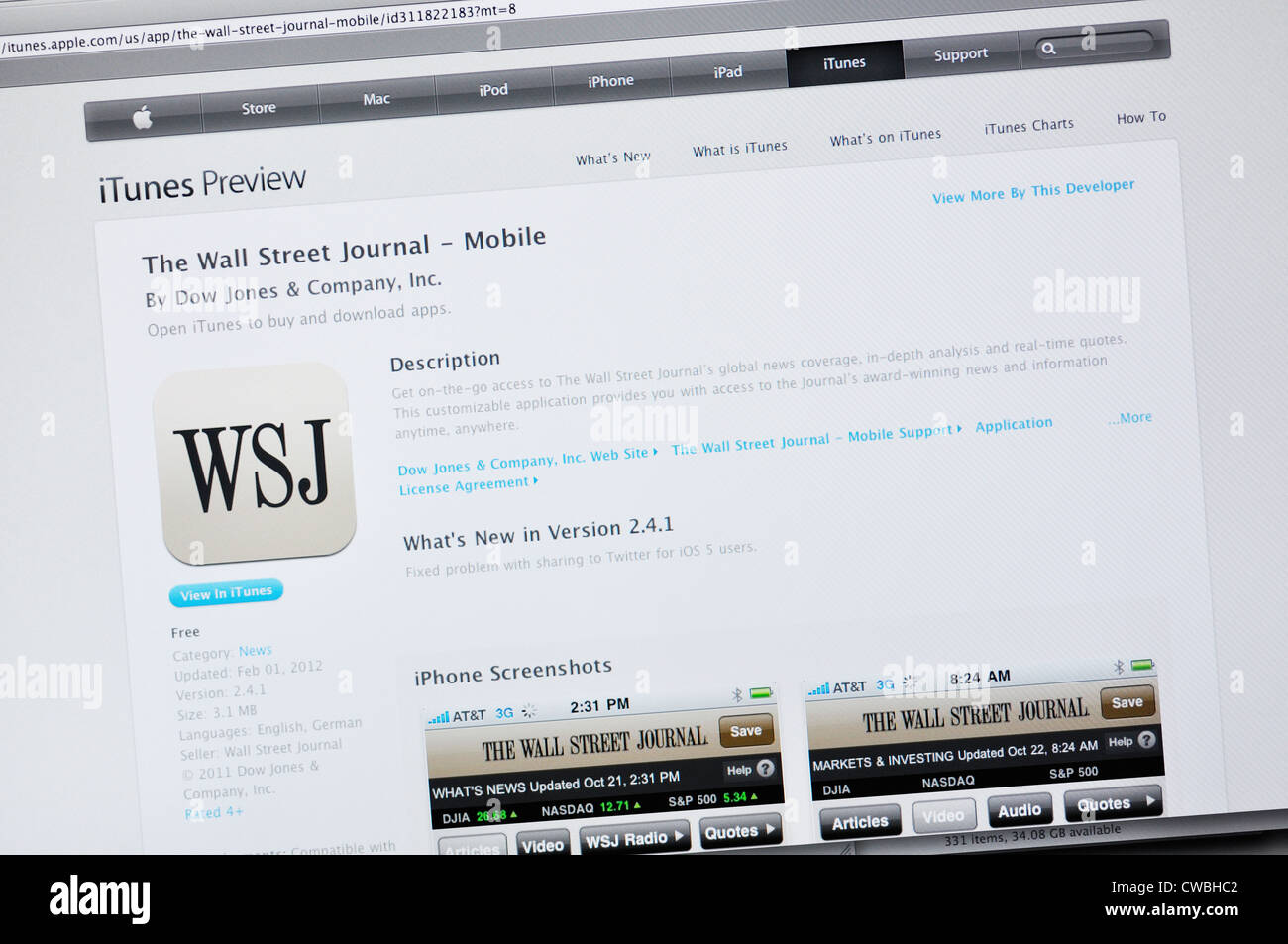 Wall Street Journal sito web app Foto Stock