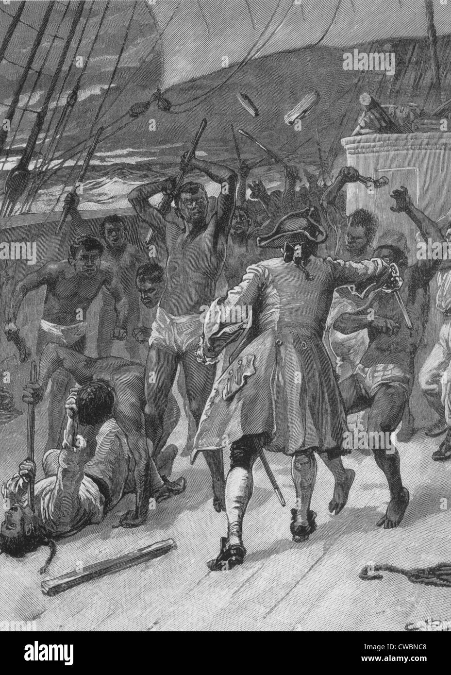 Gli schiavi africani la lotta contro un diciottesimo secolo la nave di schiavi dell'equipaggio. Prigionieri ampiamente superato le navi' equipaggio e le ribellioni Foto Stock