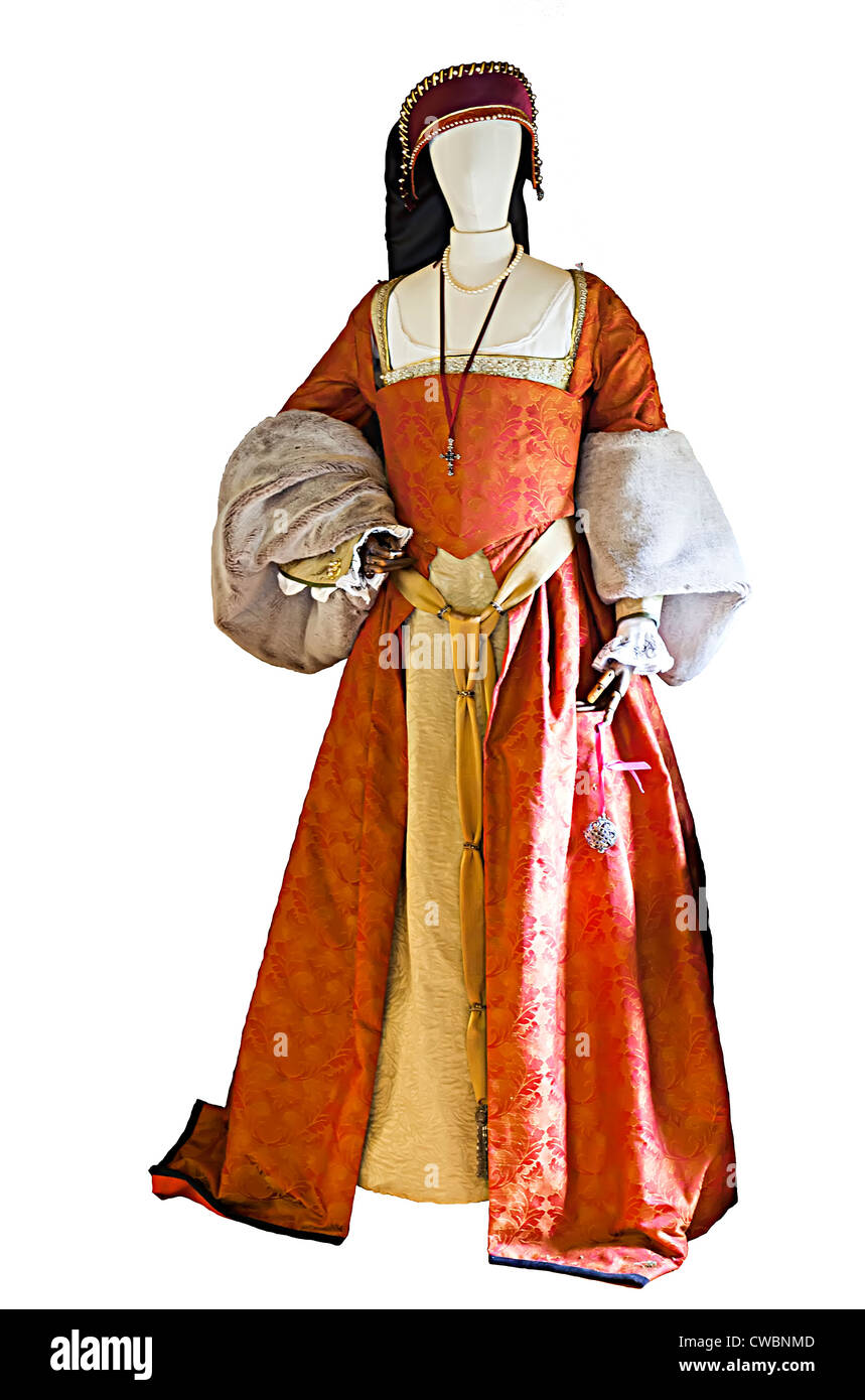 Replica Tudor donna di costume sul display del museo, Wales, Regno Unito Foto Stock