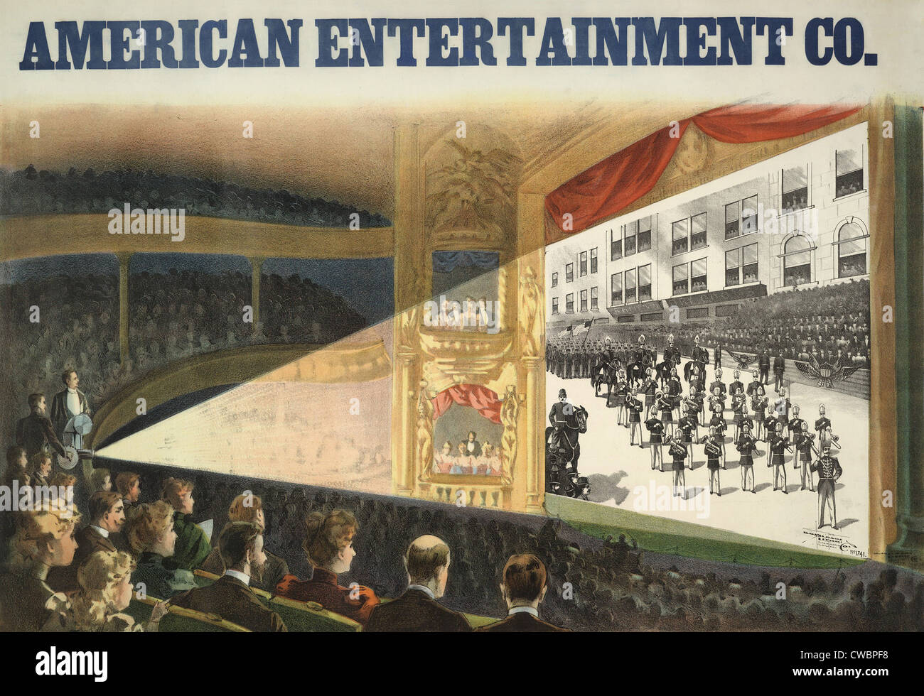 Pubblicità di American Entertainment Co. lo screening di un inizio di Motion Picture in un'opera house. I filmati sono stati introdotti Foto Stock