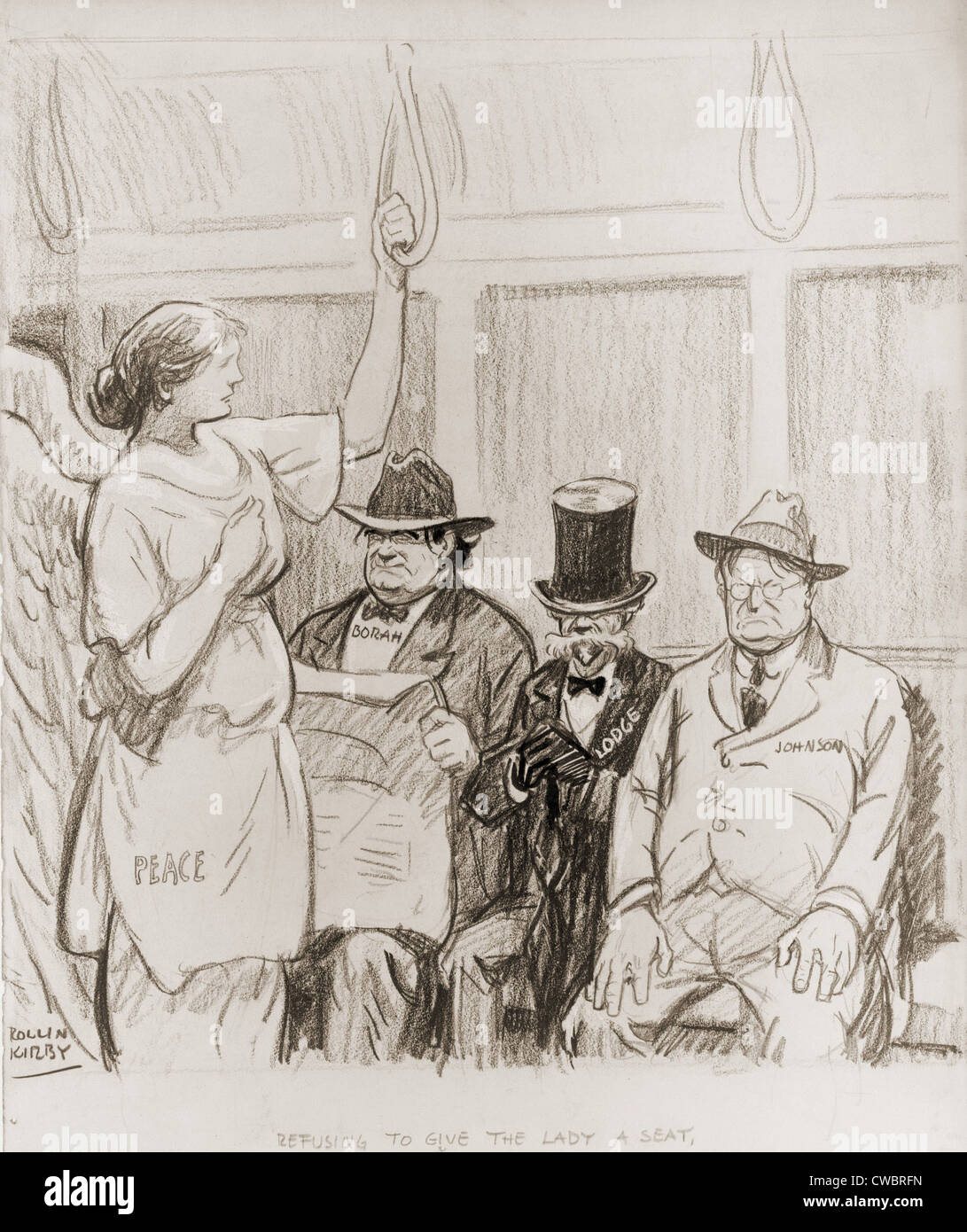 Rifiutando di dare alla signora un sedile. Senatori Borah, Lodge e Johnson occupano il bus sedi come la figura della pace sta. Il Foto Stock