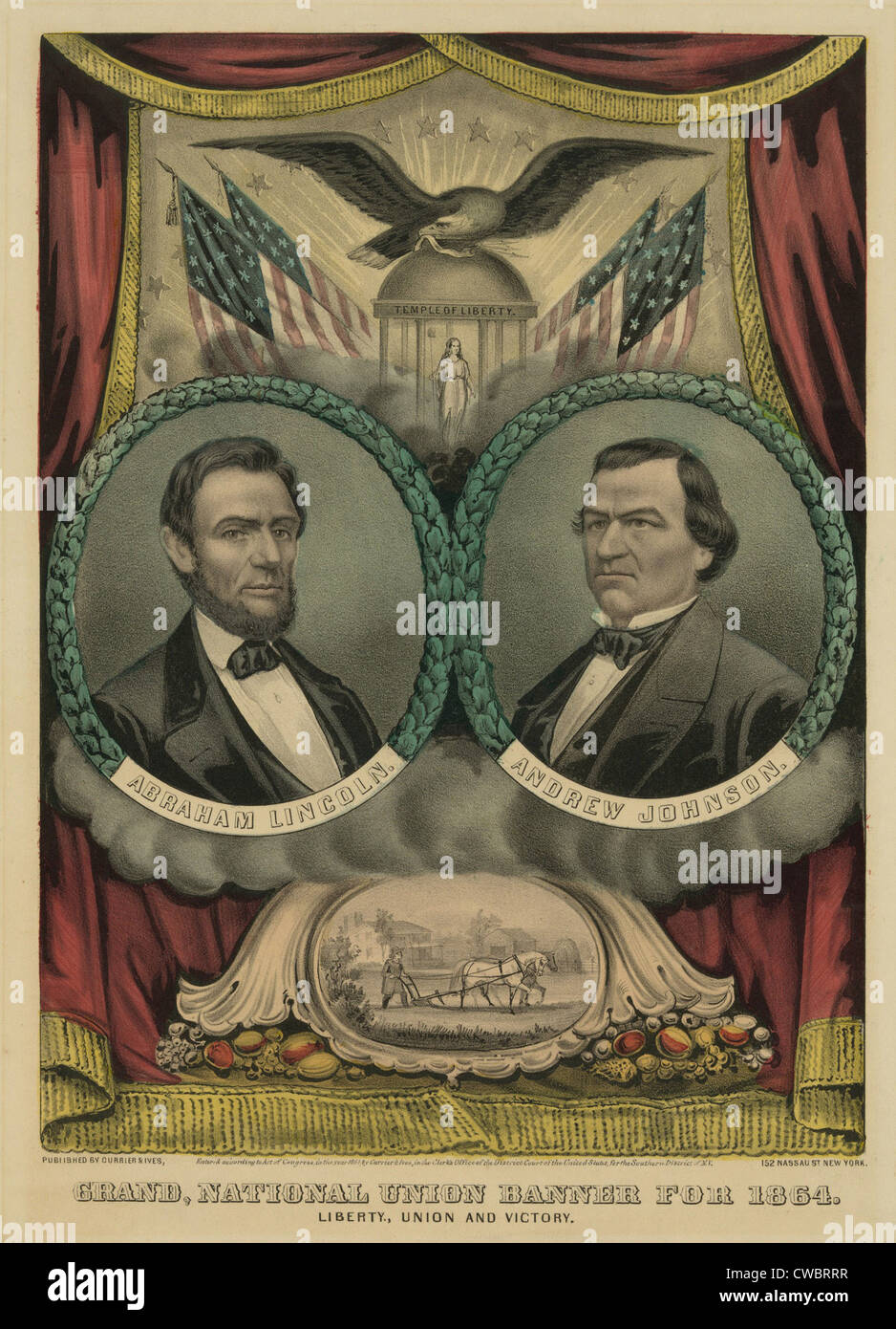 Grand National Union banner per Abraham Lincoln e il suo 1864 compagno di corsa, Andrew Johnson del Tennessee. Foto Stock