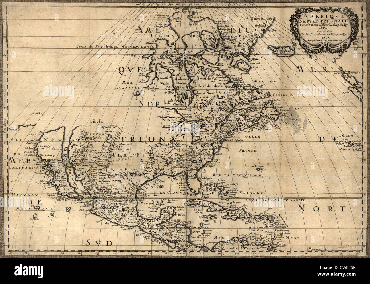 Mappa del Nord America continente mostrando misura di esplorazione nel 1650. La California è mostrato come un isola del Pacifico Foto Stock