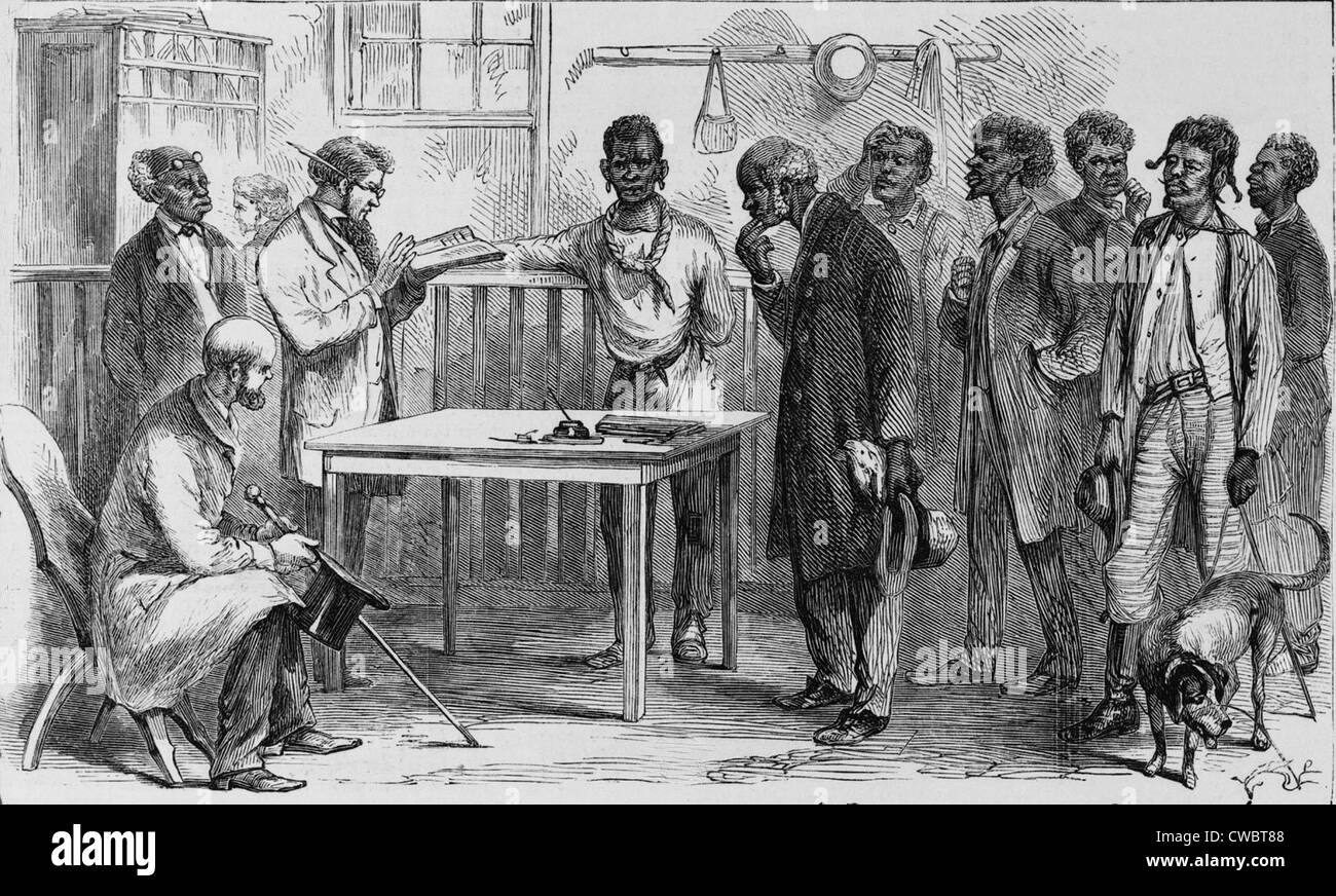 Liberti ad una registrazione degli elettori office, Macon, Georgia nel 1867. Durante la ricostruzione (1866-1876), liberti ha partecipato Foto Stock