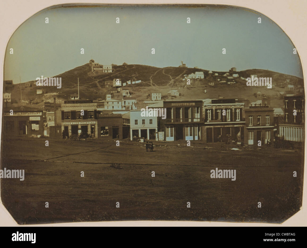 San Francisco, California nel 1851. Daguerreotype di Portsmouth Square con ristoranti e negozi. Foto Stock