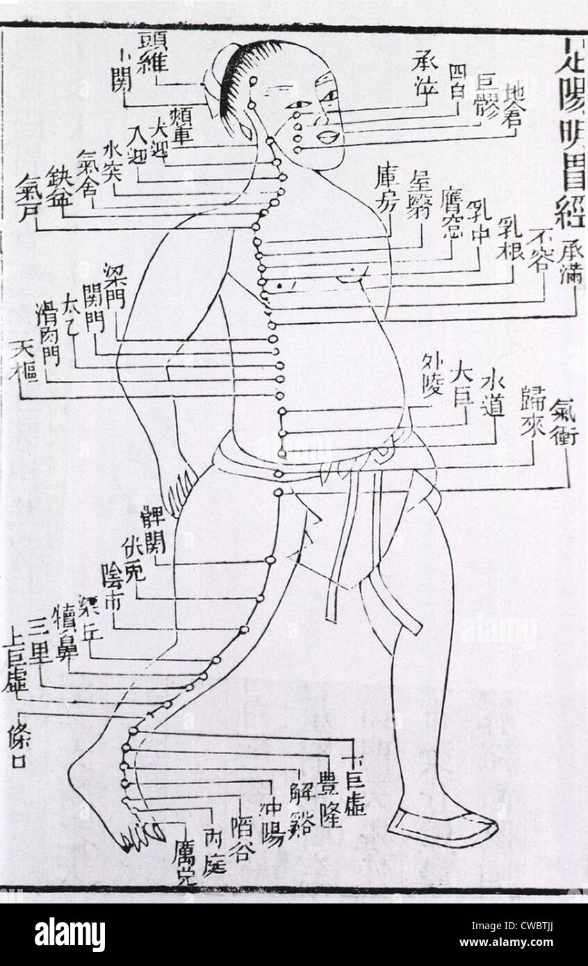 La figura con i punti di agopuntura e meridian per i disturbi di stomaco e disturbi del piede annotato con caratteri cinesi in un testo del 1875. Foto Stock