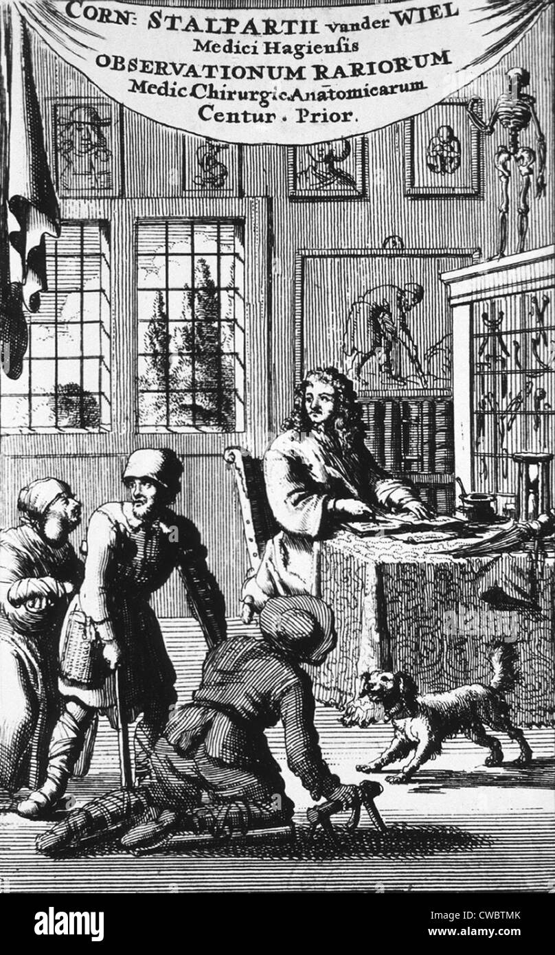I pazienti arrivano nell'ufficio del medico nel XVII secolo nei Paesi Bassi. Portatori di handicap di due uomini e una donna con un tumore sul collo Foto Stock