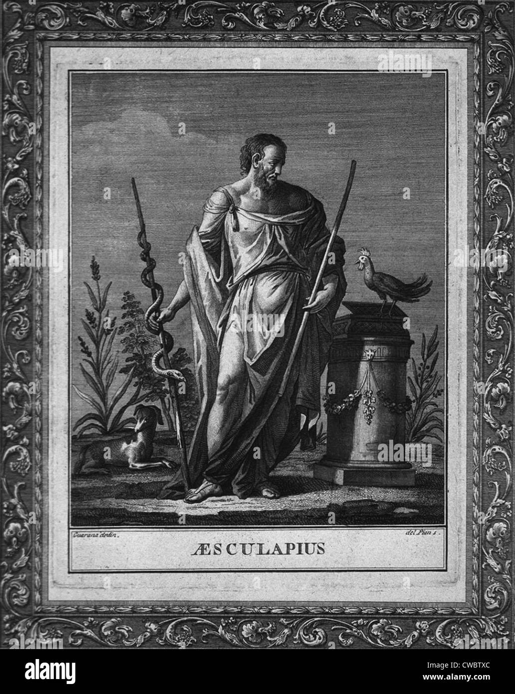 Esculapio, il dio greco della medicina con indossando Grecian accappatoi, e tiene una personale con serpente attorcigliato. Omero parla di lui come un Foto Stock