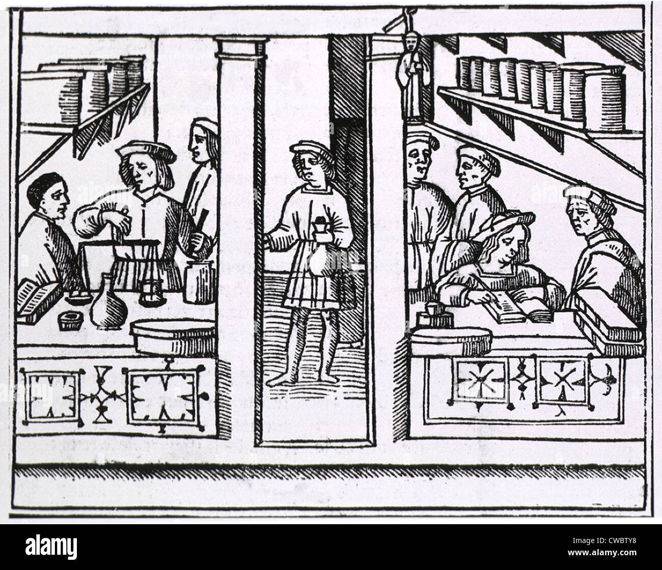 Farmacia scena dalla pagina del titolo di una versione in latino di Galen's RECETARIO DE GALIENO, pubblicata a Venezia nel 1518. Foto Stock