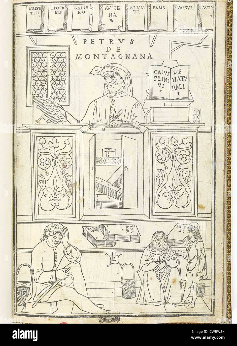 Illustrazione che mostra la vastità di conoscenze mediche in Italia del Quattrocento. Un dotto medico (etichettato come Petrus de Foto Stock