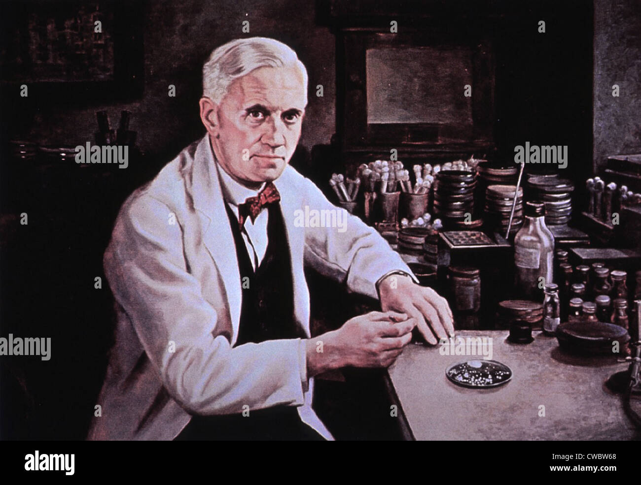 Alexander Fleming (1881-1955), al tavolo di laboratorio. La pittura di Dean Fausett. Foto Stock