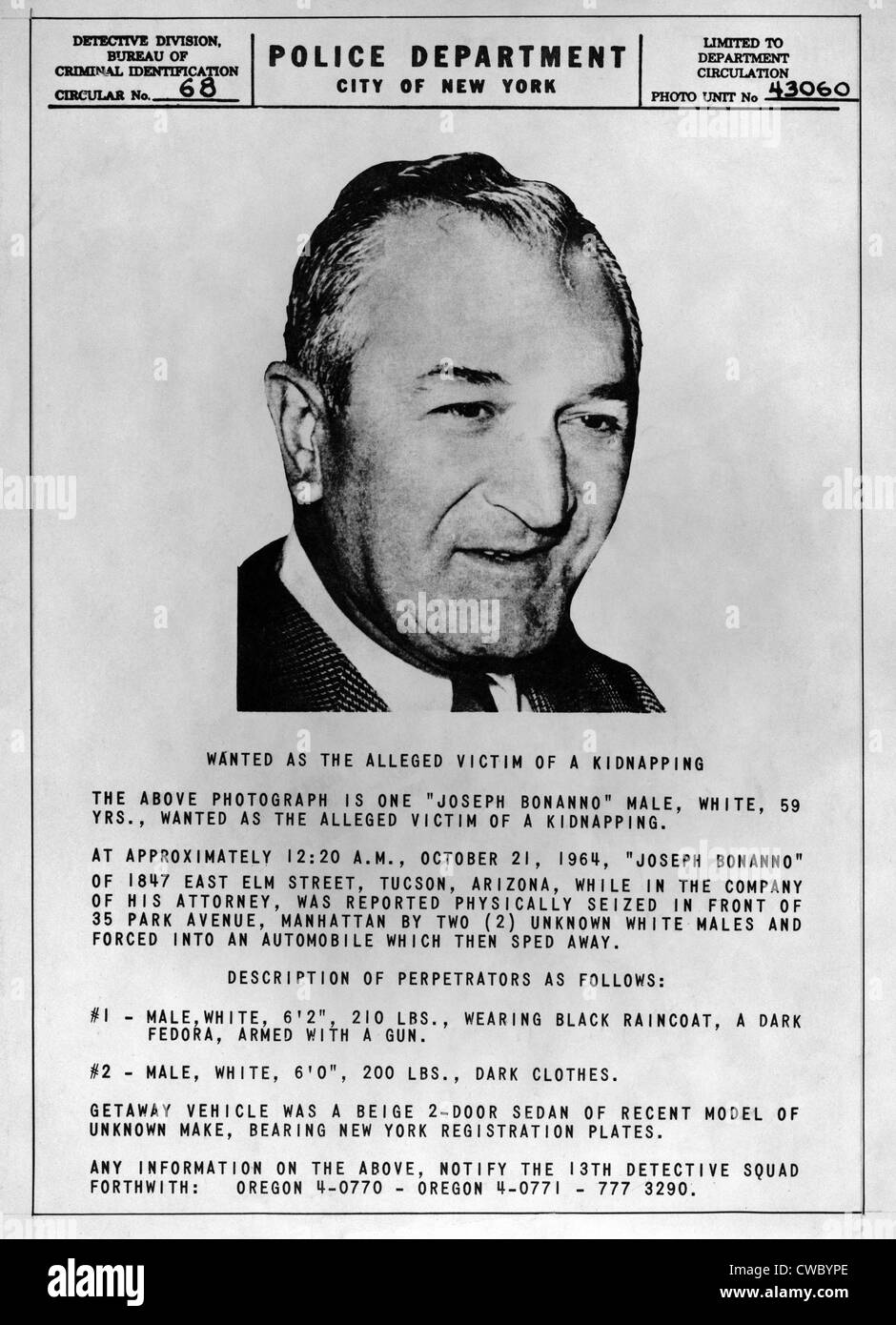 Giuseppe Bonanno (1905-2002) manifesto wanted rilasciato dalla polizia di New York dopo il suo presunto rapimento nel 1964 dai compagni di gangster. Foto Stock