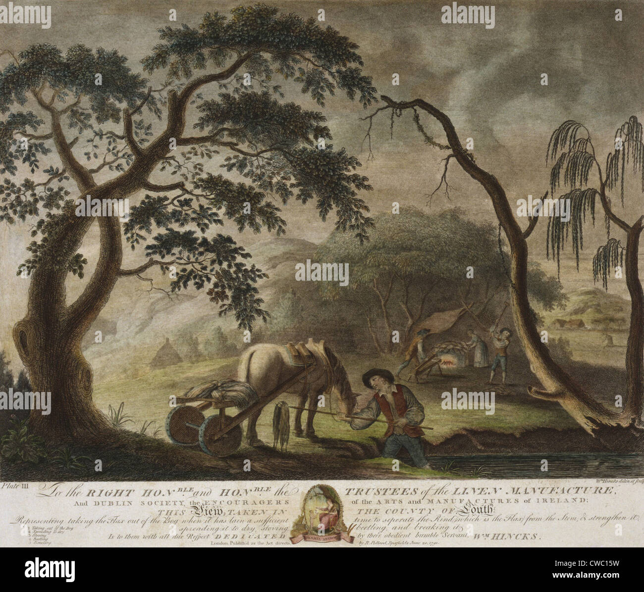 Biancheria irlandese di fabbricazione, 1782. Rimozione di lino da una torbiera in cui è stato collocato per una o due settimane e poi diffuso su erba per Foto Stock