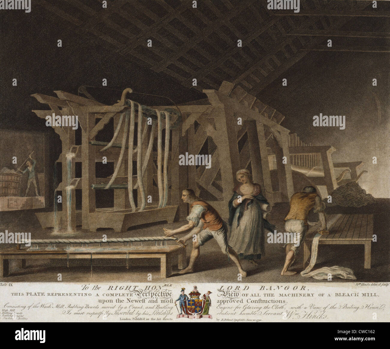 Biancheria irlandese di fabbricazione, 1782. Vista interna di un mulino di sbianca dove tre uomini e una donna sono il lavaggio, sfregamento, vetri e Foto Stock