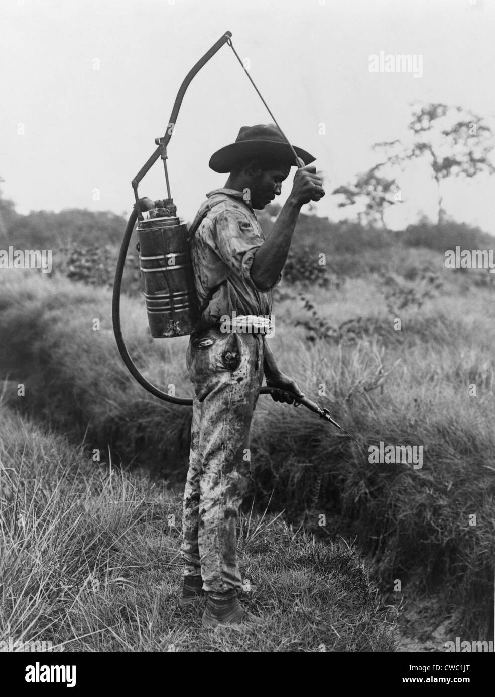 Uomo panamense con un canister sulla sua schiena spruzzare dell'olio sui luoghi di riproduzione di zanzare in Panama. Controllo delle zanzare è stato Foto Stock