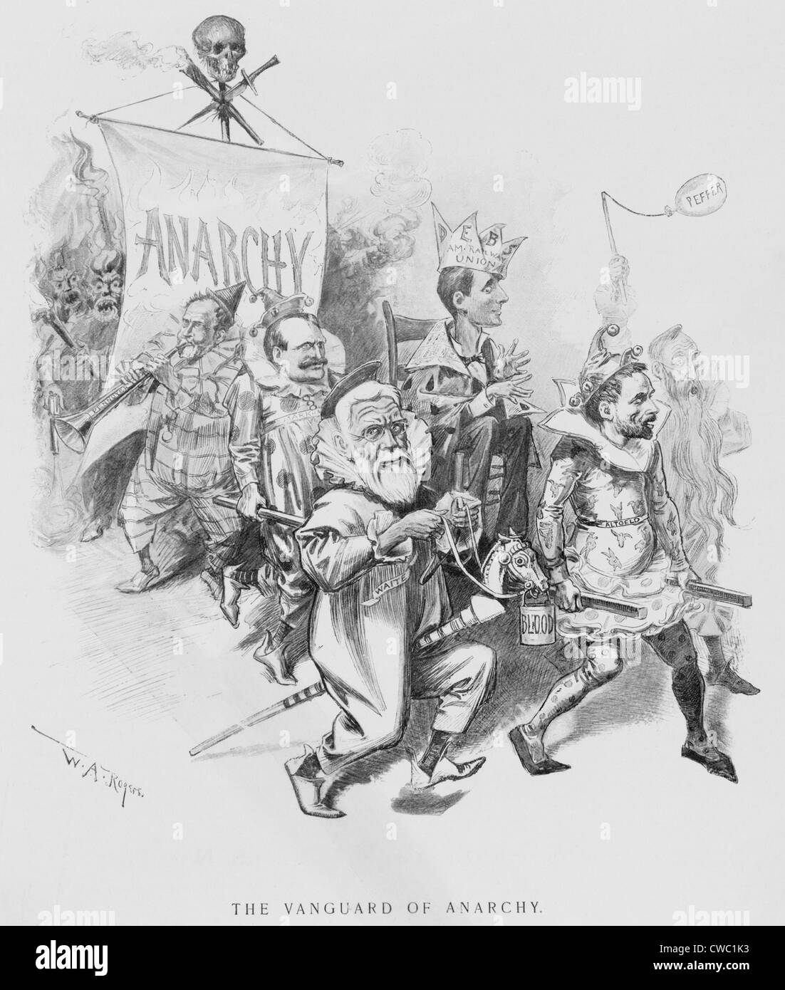 L'AVANGUARDIA DI ANACHY, caricature Eugene Debs, indossando crown denominato 'Debs Am. Stazione ferroviaria europea", essendo portato da Gov. Morrison Foto Stock