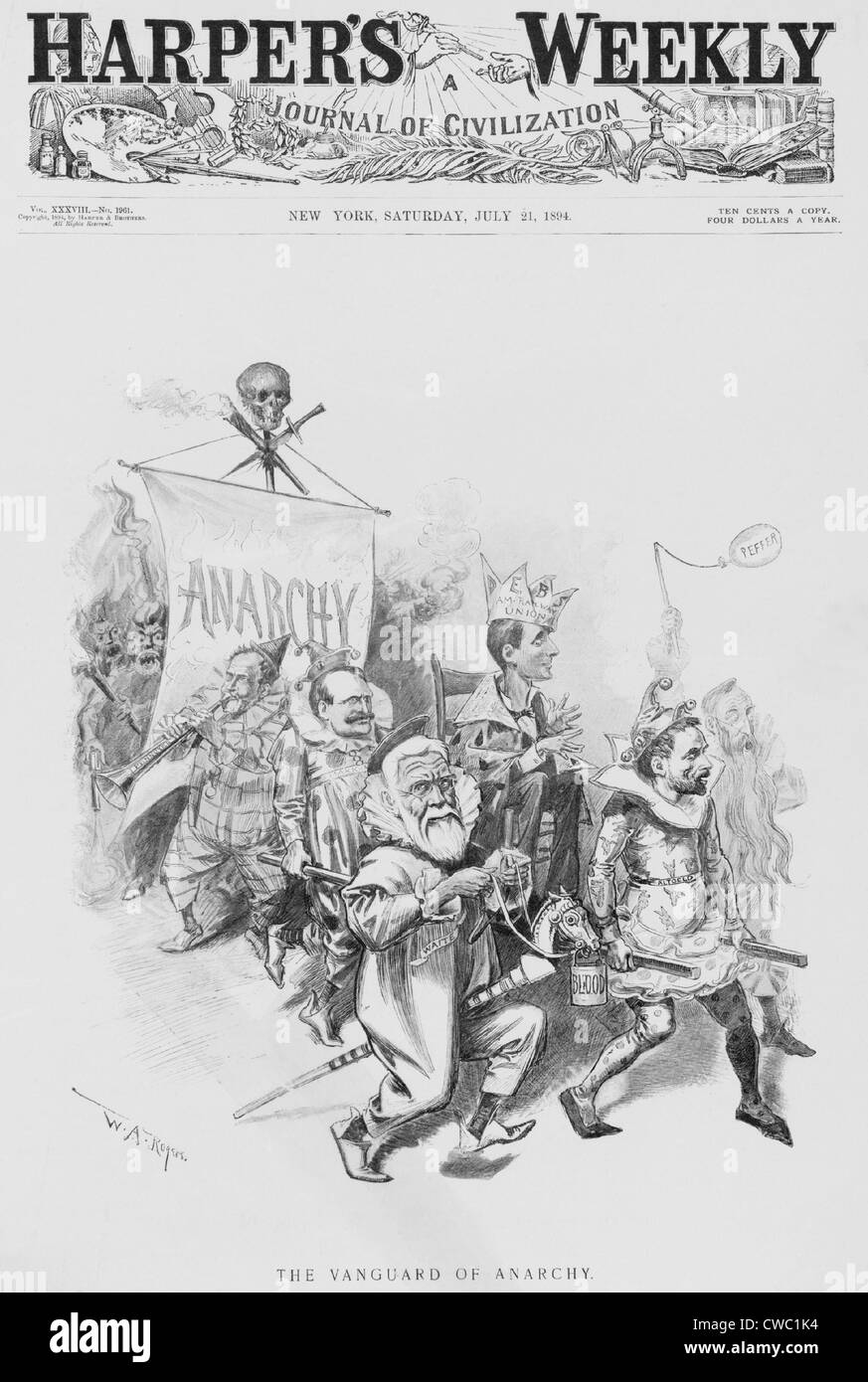 L'AVANGUARDIA DI ANACHY, caricature Eugene Debs, indossando crown denominato 'Debs Am. Stazione ferroviaria europea", essendo portato da Gov. Morrison Foto Stock