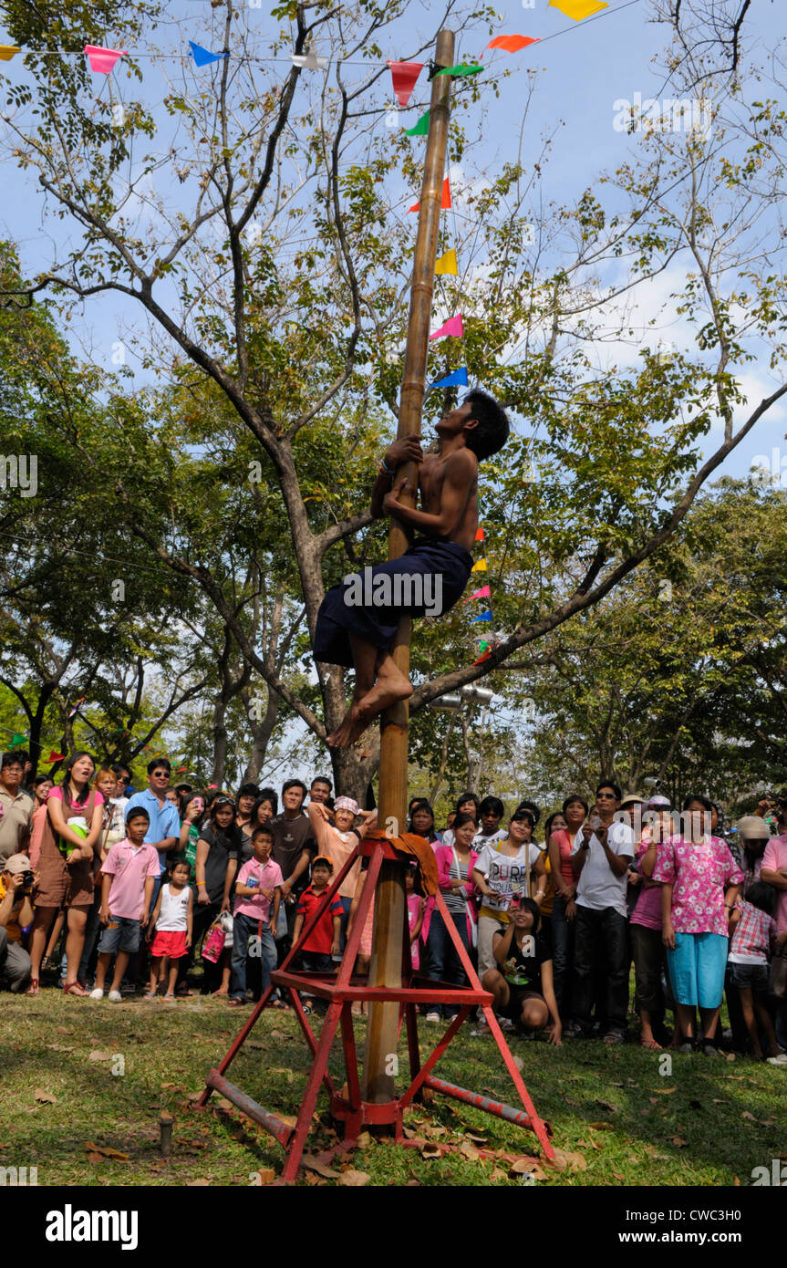 Ingrassate palo di bambù concorrenza rampicante, Re Rama IX Park ,bangkok, Thailandia Foto Stock