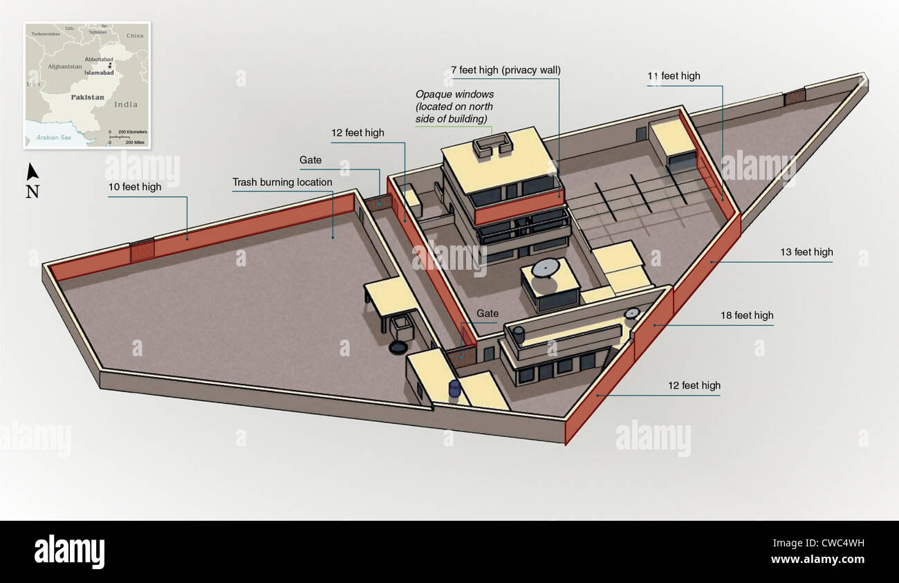 Noi lo schema militare di la villa fortificata di Osama Bin Laden nel nord della città pakistana di Abbottabad. Il 3 maggio 2011. Foto Stock