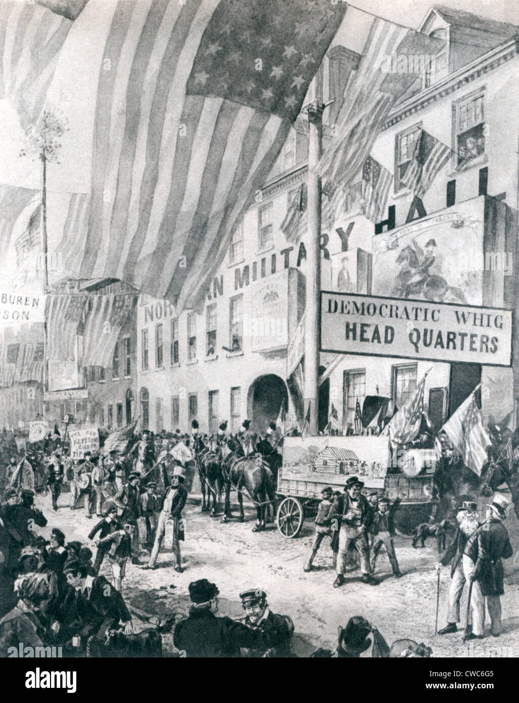 William Harrison quartier generale della campagna di Philadelphia. Vi è un "Tippecanoe e Tyler troppo' parata e una lettura del segno Foto Stock