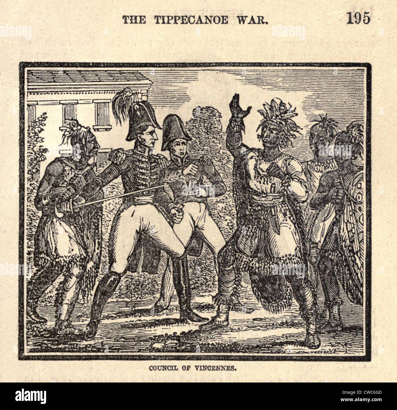 Consiglio di Vincennes tra il Generale William Henry Harrison e Confederazione indiana leader Tecumseh in agosto 1811. Tecumseh Foto Stock