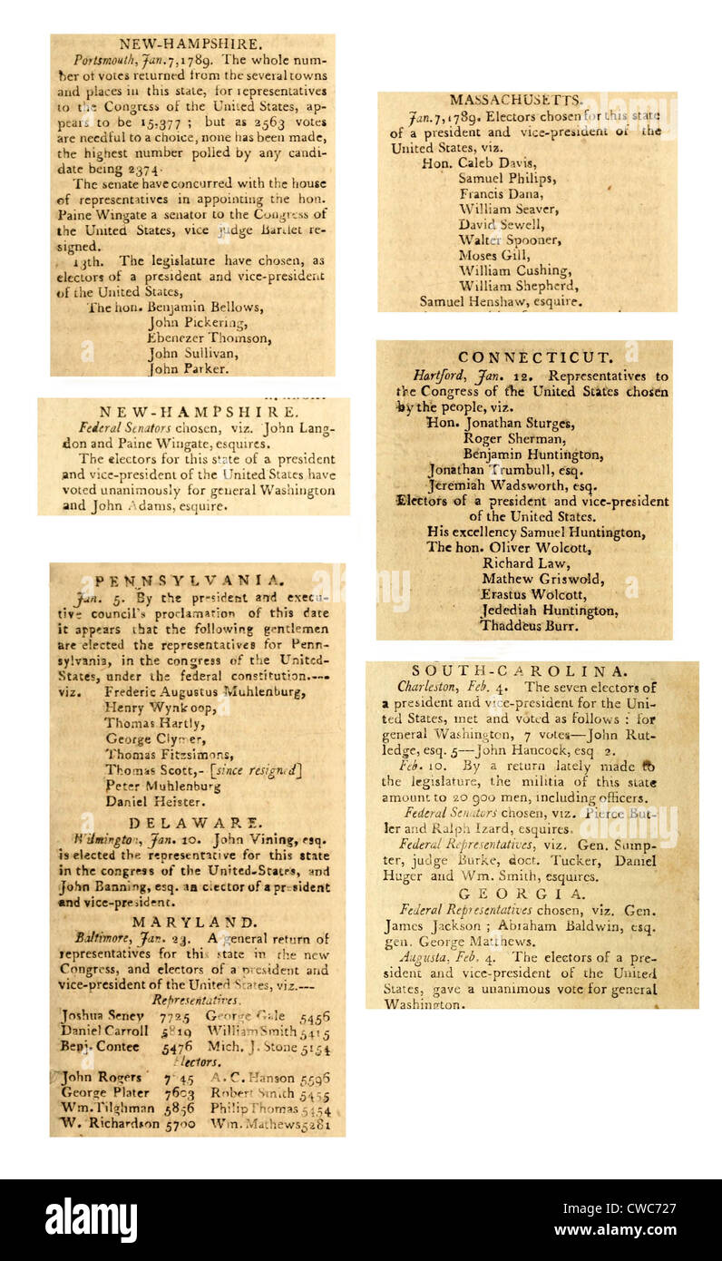 Rivista colombiana reporting dell elezione di George Washington nel 1789. Foto Stock