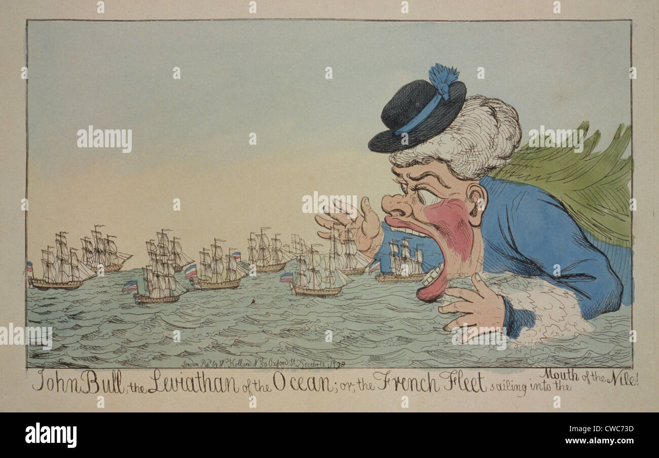 Cartoon raffiguranti Napoleone spedizione egizia vela nella bocca di Giovanni - Boll. Nella battaglia del Nilo il British Foto Stock