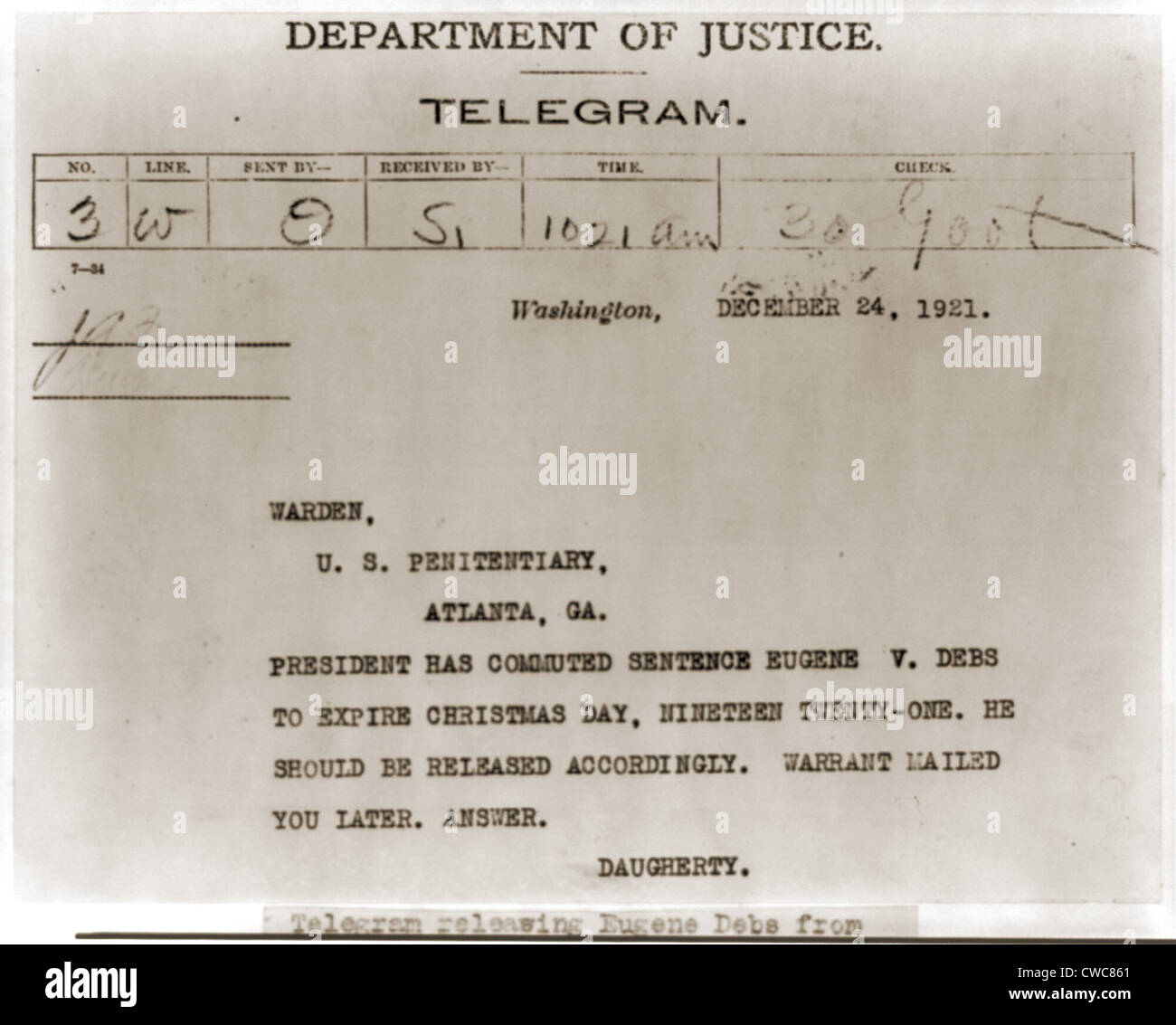 Commutazione di Eugene Deb di prigione. Telegramma del procuratore generale Harry Daugherty al guardiano del penitenziario di Atlanta Foto Stock