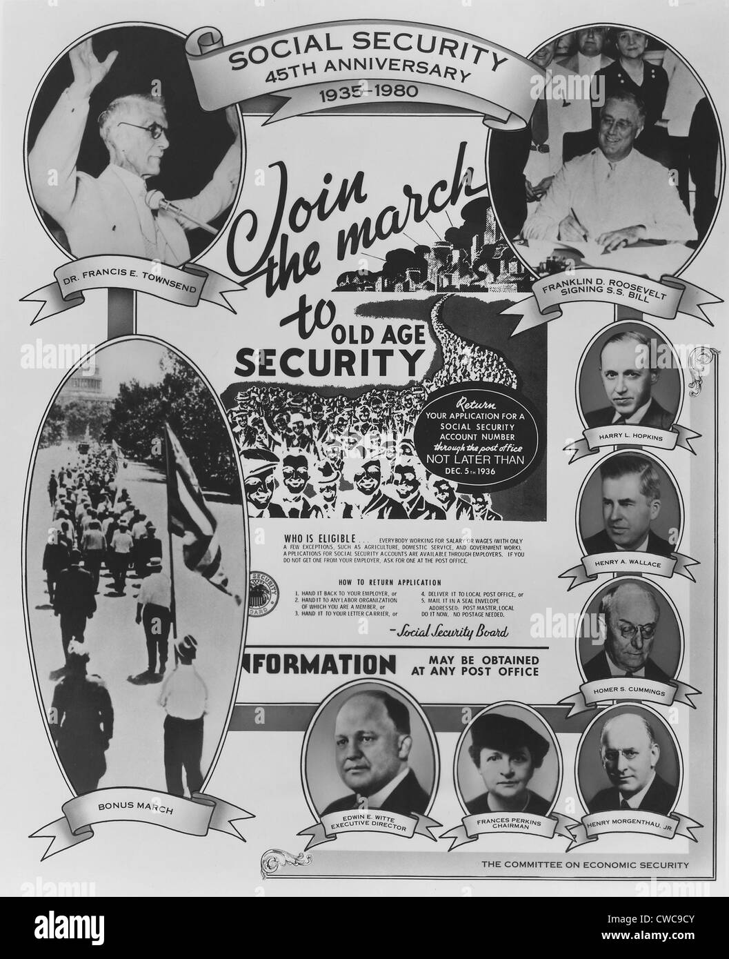 La sicurezza sociale quarantacinquesimo anniversario Poster. Esso dispone di ritratti di FDR e Francis Townsend e altri New Deal politici e Foto Stock