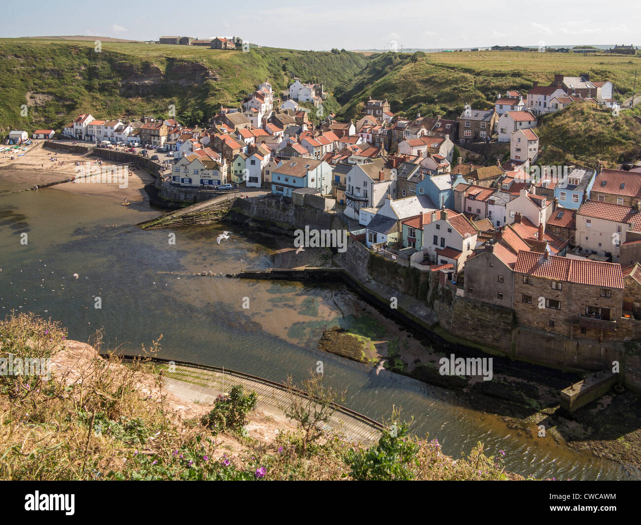 Staithes villaggio ed un porto da Cowbar Nab. North Yorkshire Regno Unito Foto Stock