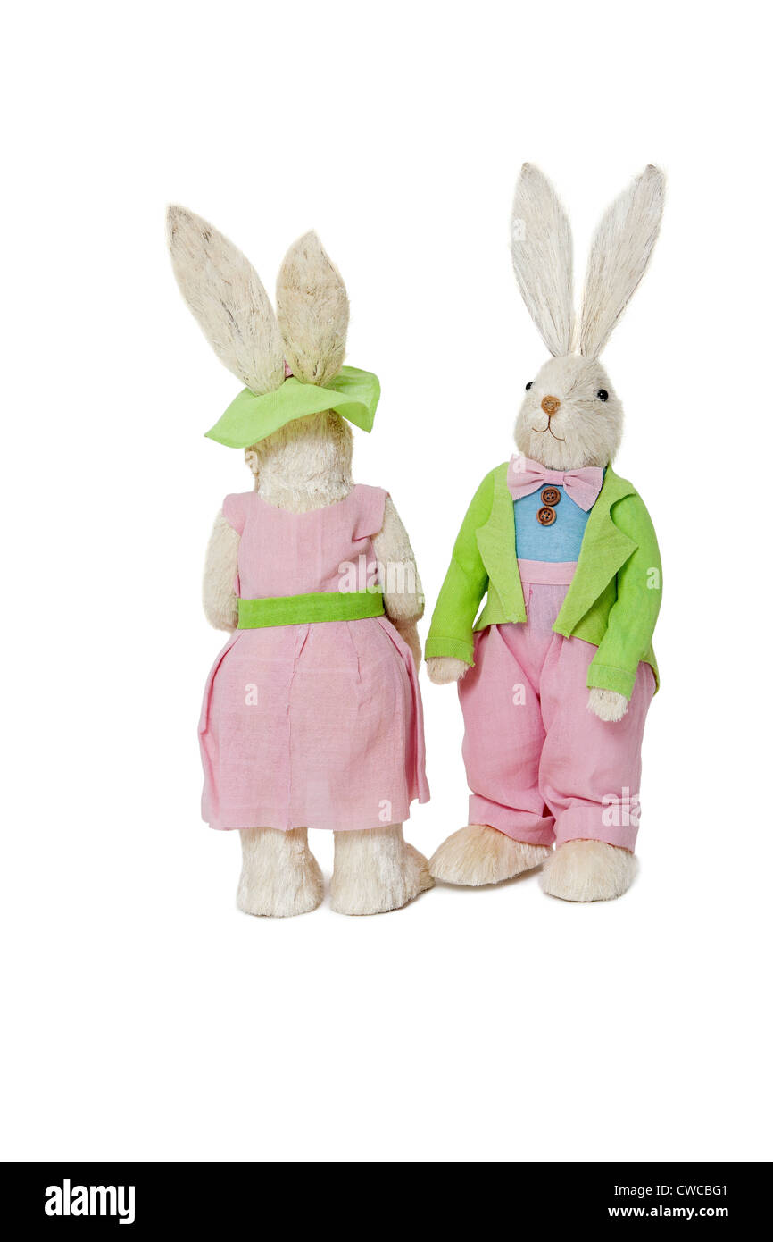 Giocattoli imbottiti cercando modi diversi dopo un argomento su sfondo bianco Foto Stock