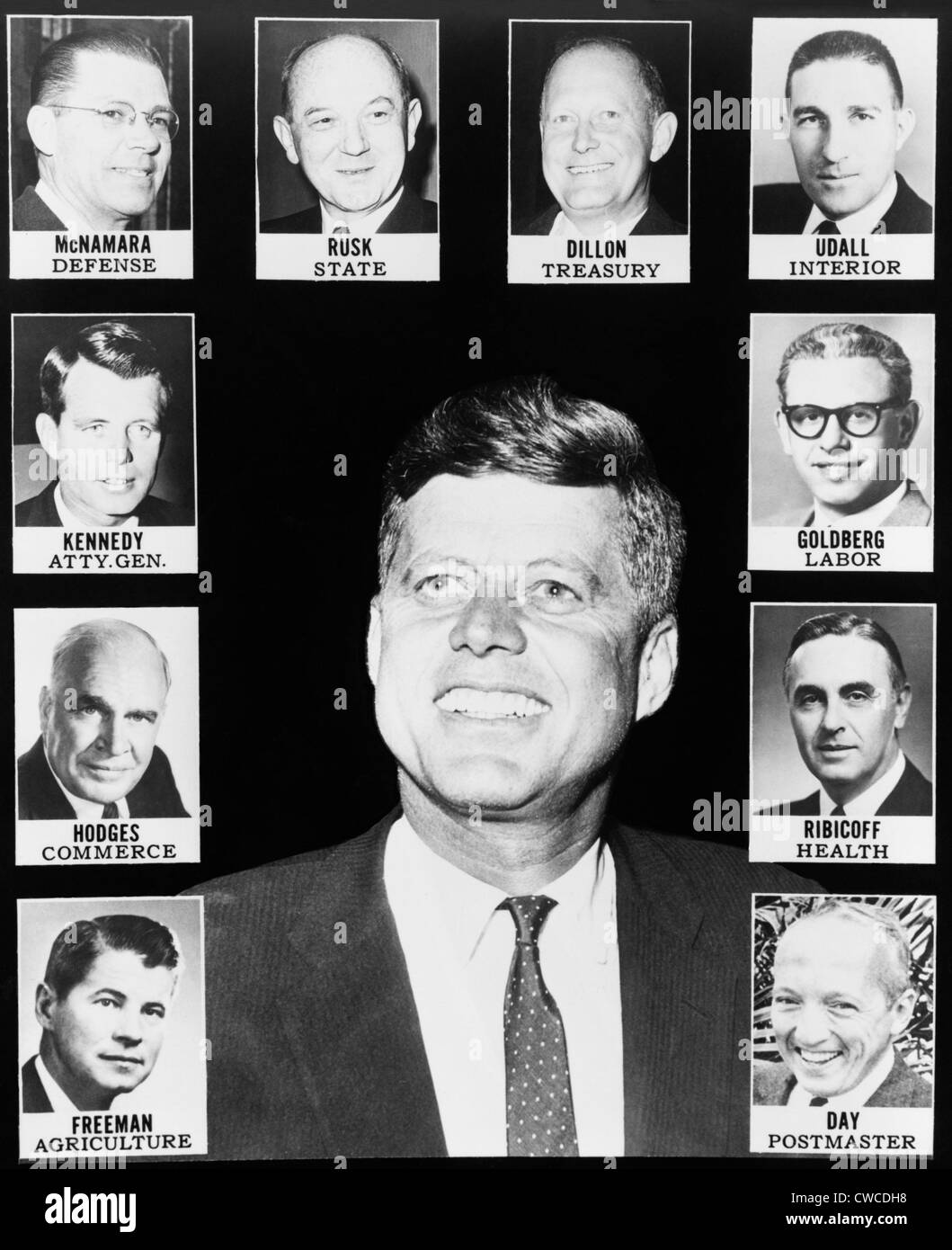 Il presidente John Kennedy e il suo gabinetto. A gennaio 1961. Foto Stock