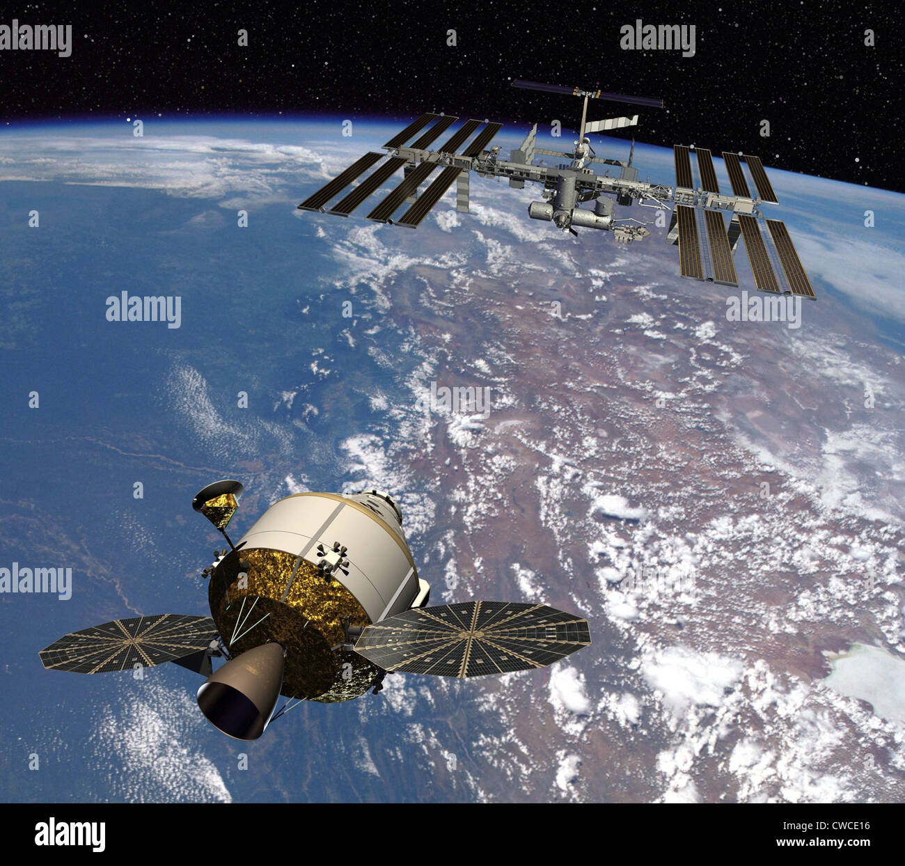 Illustrazione della prossima generazione di veicoli spaziali della NASA, l'Orion equipaggio veicolo di esplorazione, avvicinandosi alla Stazione Spaziale Internazionale Foto Stock