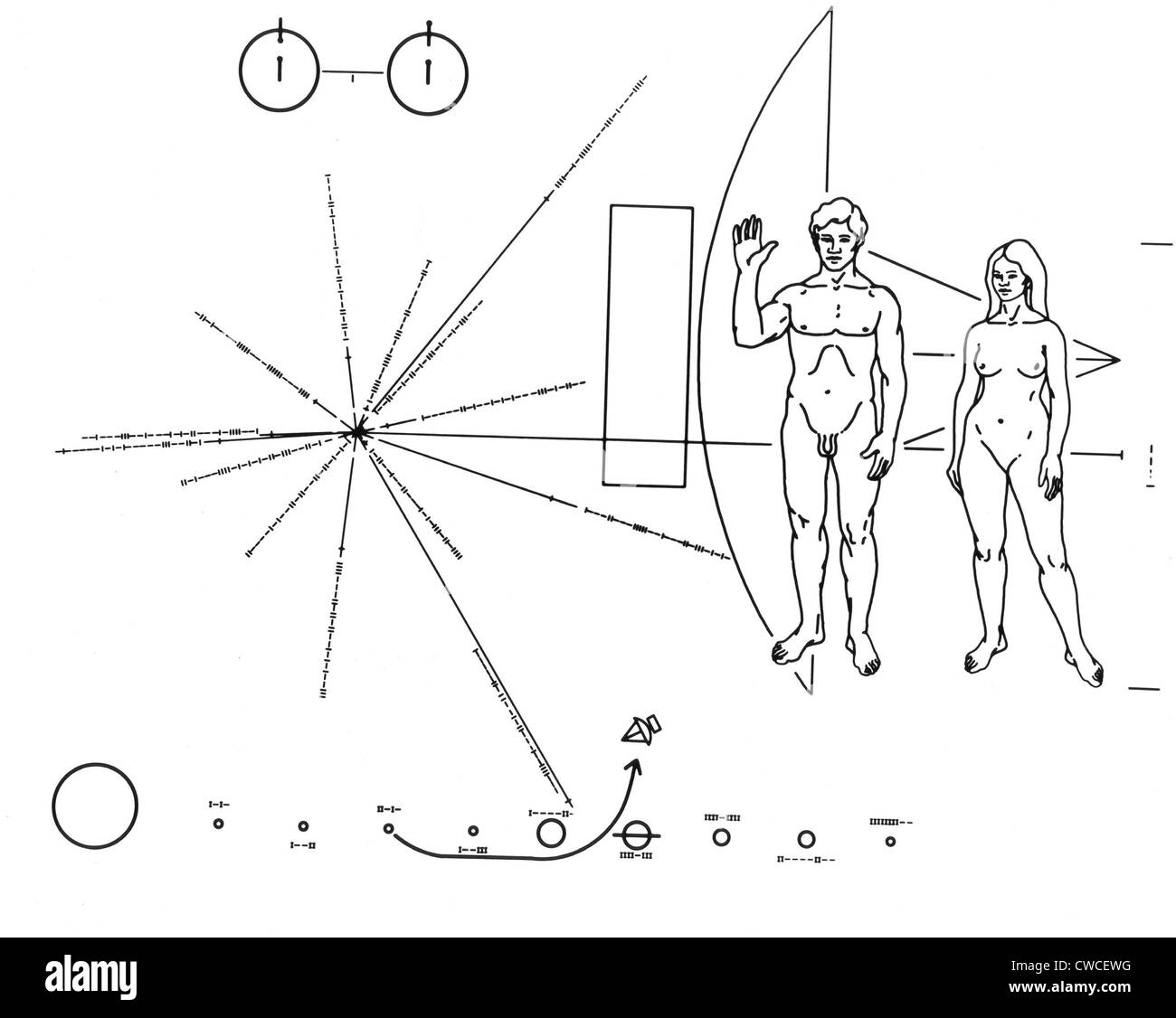 Placca pittorica del pioniere F veicoli spaziali destinati per lo spazio interstellare. Schema a sinistra indica la posizione del sole. Foto Stock