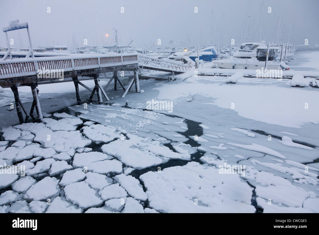 La piccola barca porto durante una tempesta di neve, Seward, Alaska. Foto Stock