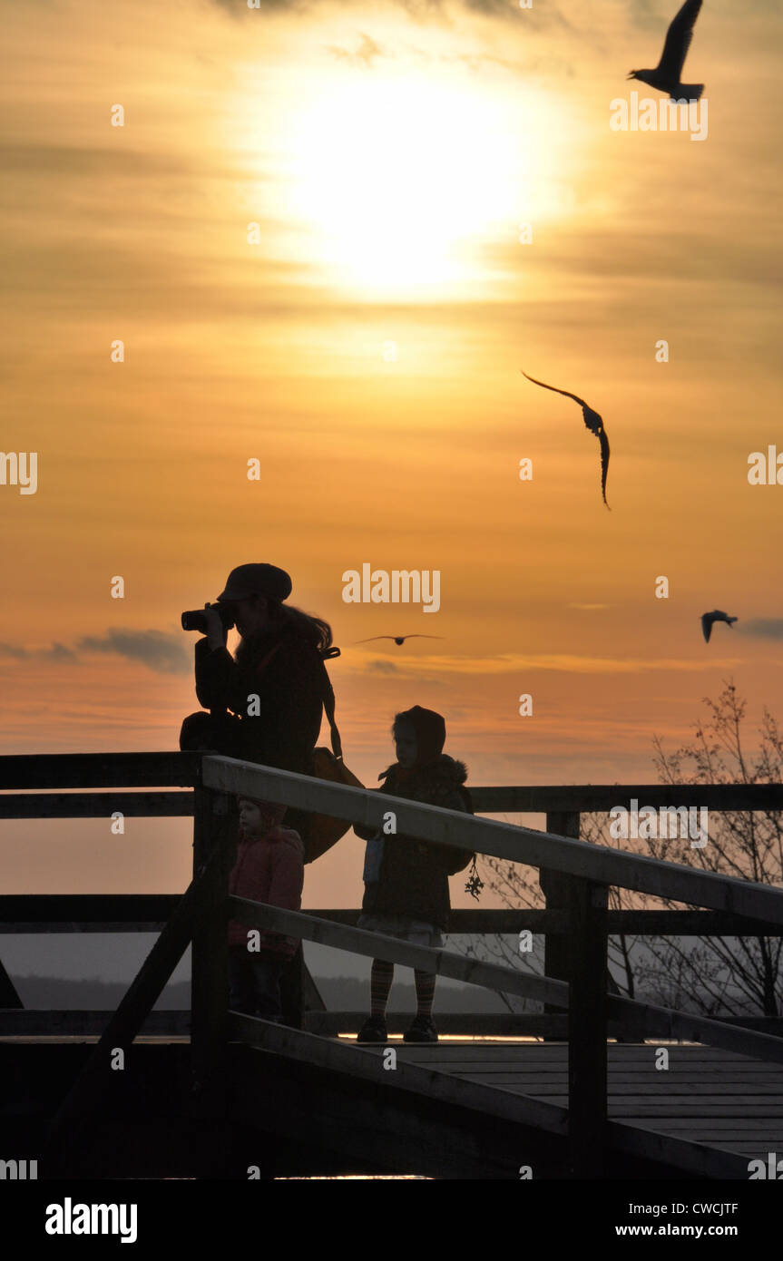 Un fotografo e un bambino al tramonto. Gabbiani nel cielo. Foto Stock