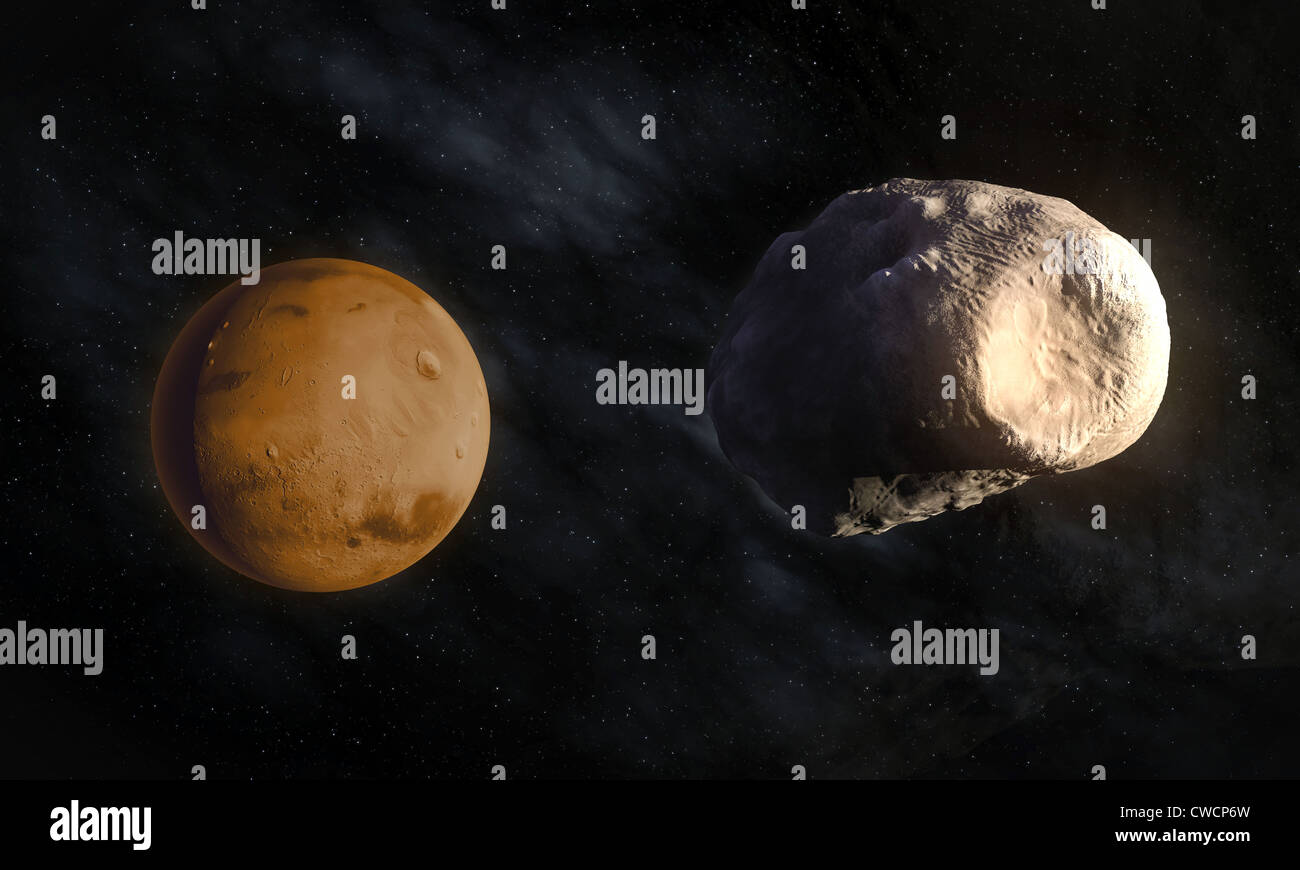 Mars' maggiore luna Phobos con visibile il cratere Stickney Foto Stock