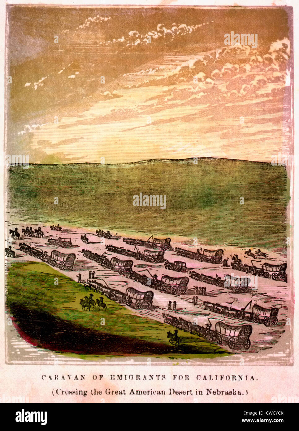 Caravan di emigranti per la California (attraversando il grande deserto americano nel Nebraska), circa 1860 Foto Stock